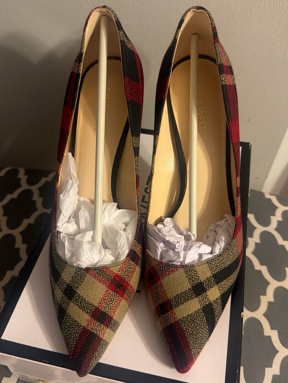 Nine West Plaid Pointed-Toe Pumps in Red and Tan